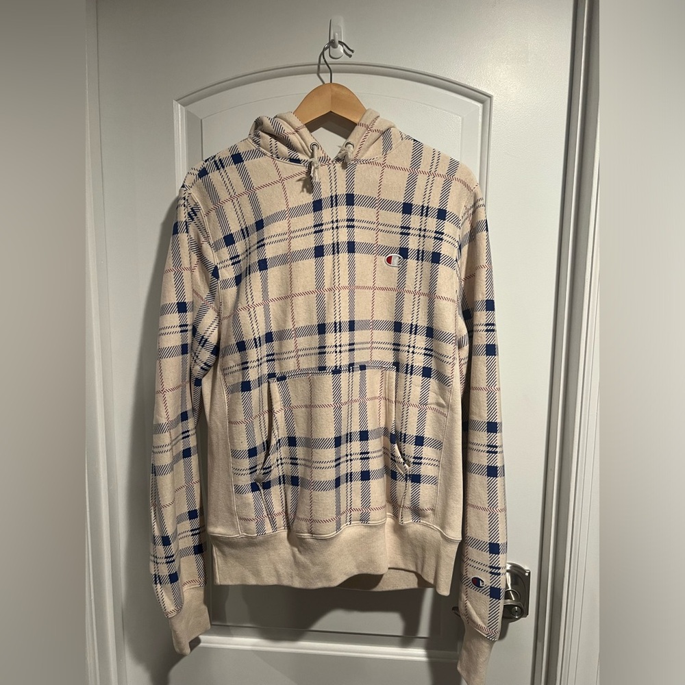 Champion Plaid Cream Reverse Weave Hoodie Size Medium